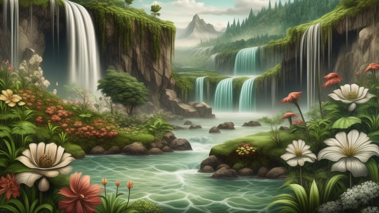 Serene Landscape with Multiple Waterfalls and Lush Flora