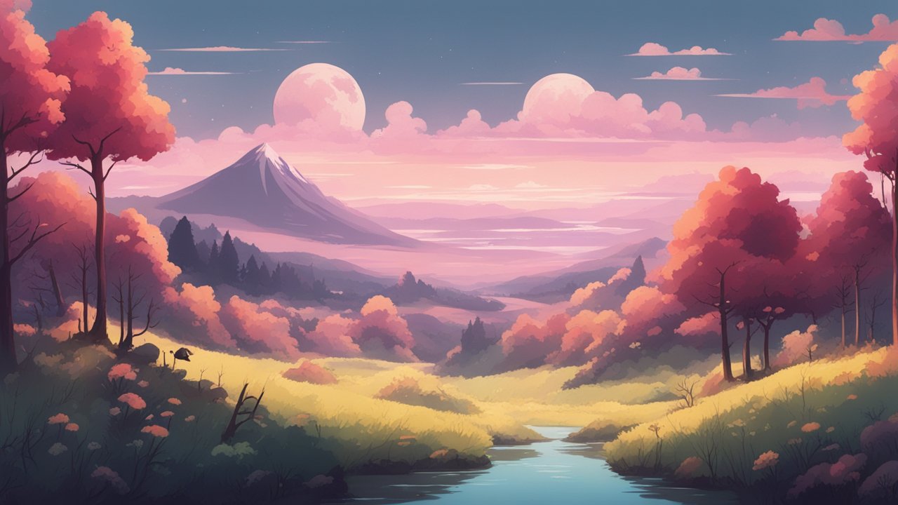 Serene Lofi Landscape with Twin Moons and Autumn Trees