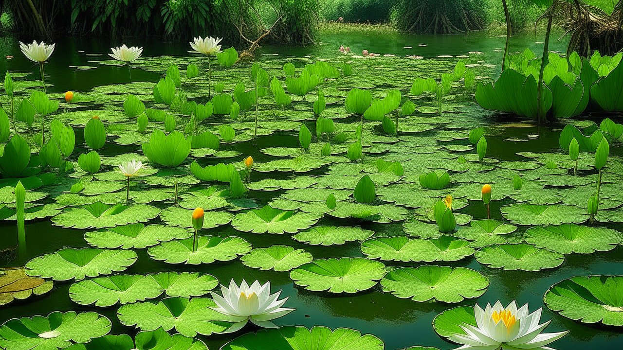 Serene Lotus Pond with Vibrant Green Leaves