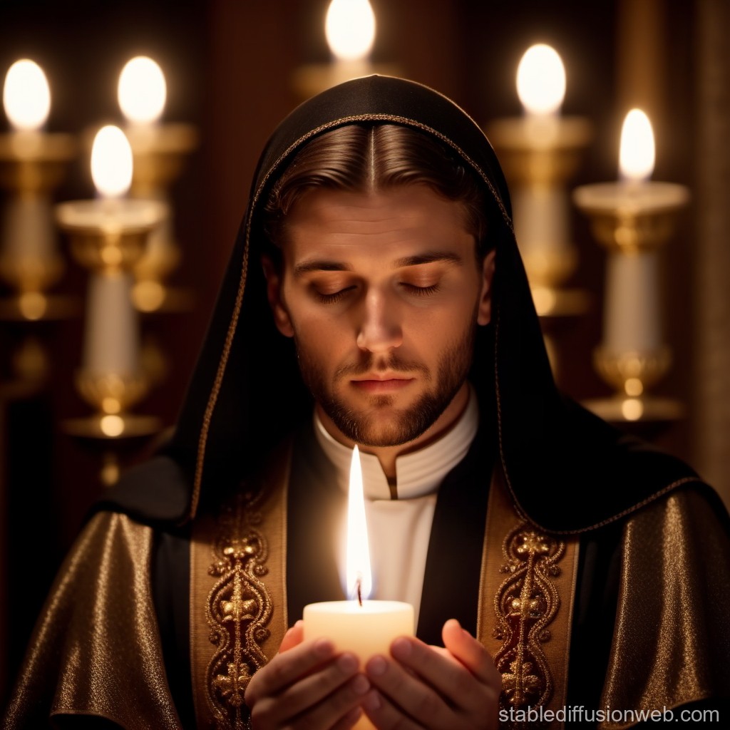 Serene Man Holding Candle in Ornate Religious Robe