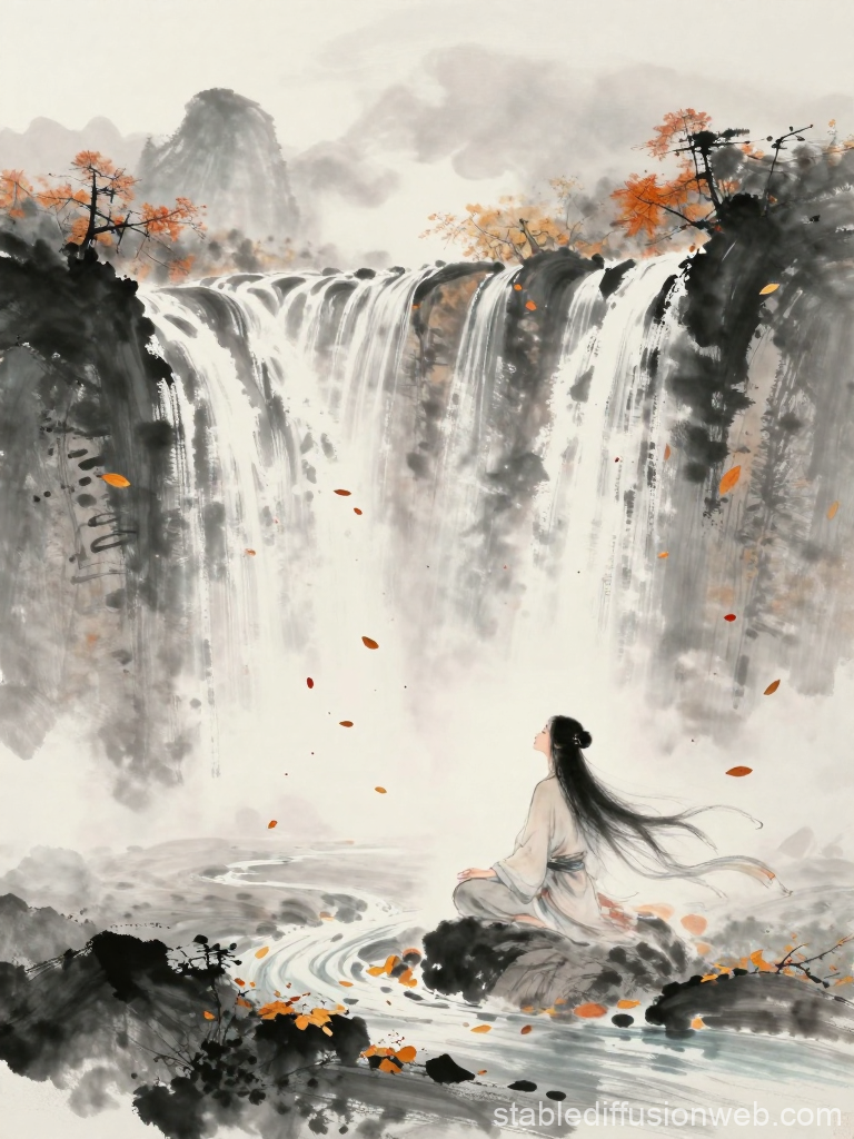 Serene Meditation by a Majestic Waterfall in Chinese Ink Style