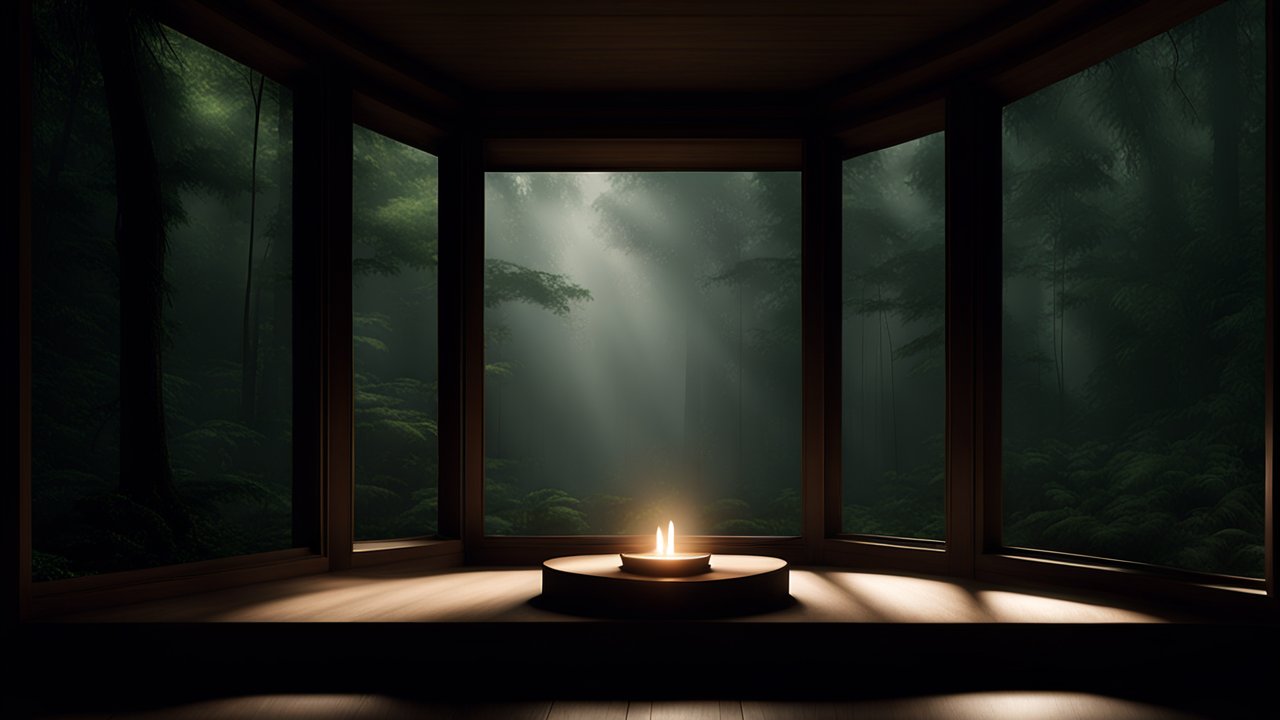 Serene Meditation Podium with Candlelight in Forest Setting