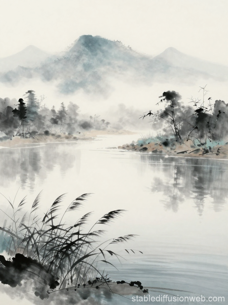 Serene Misty Mountain River Landscape