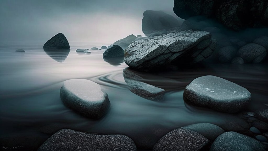 Serene Misty River with Smooth Stones