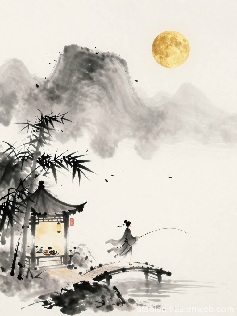 Serene Monk Fishing by Pavilion Under Full Moon