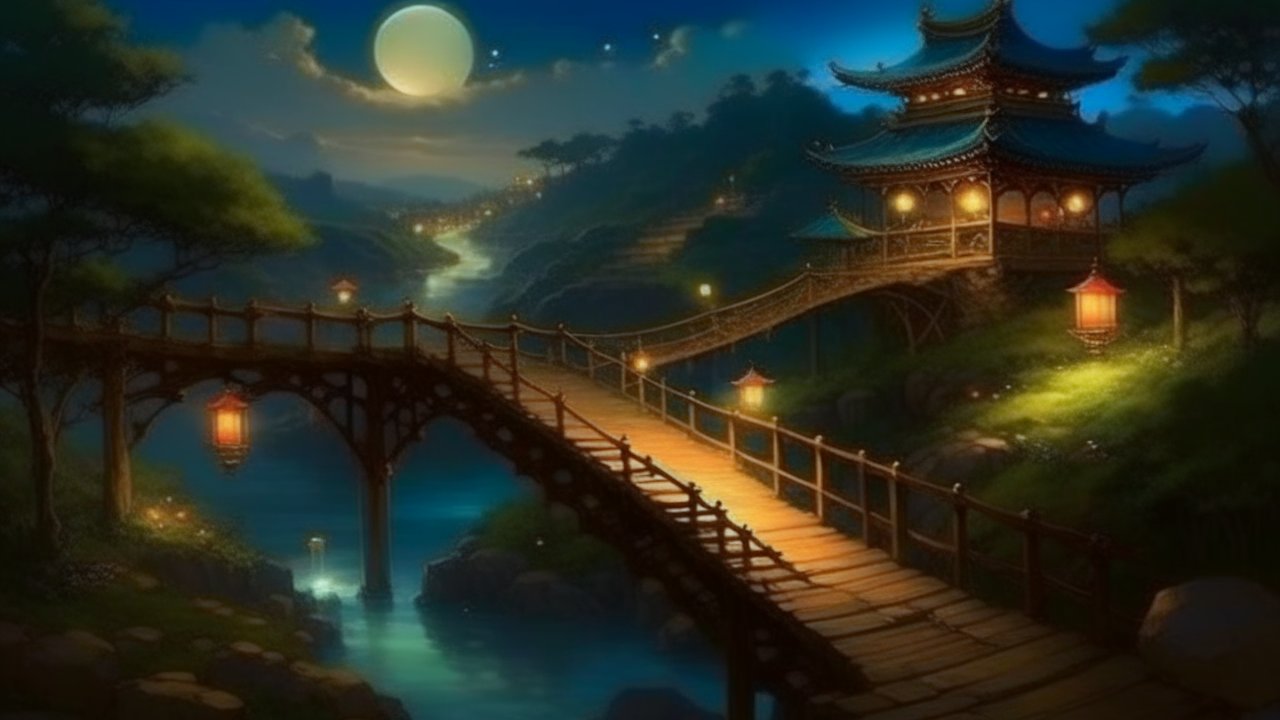 Serene Moonlit Bridge and Traditional Pavilion