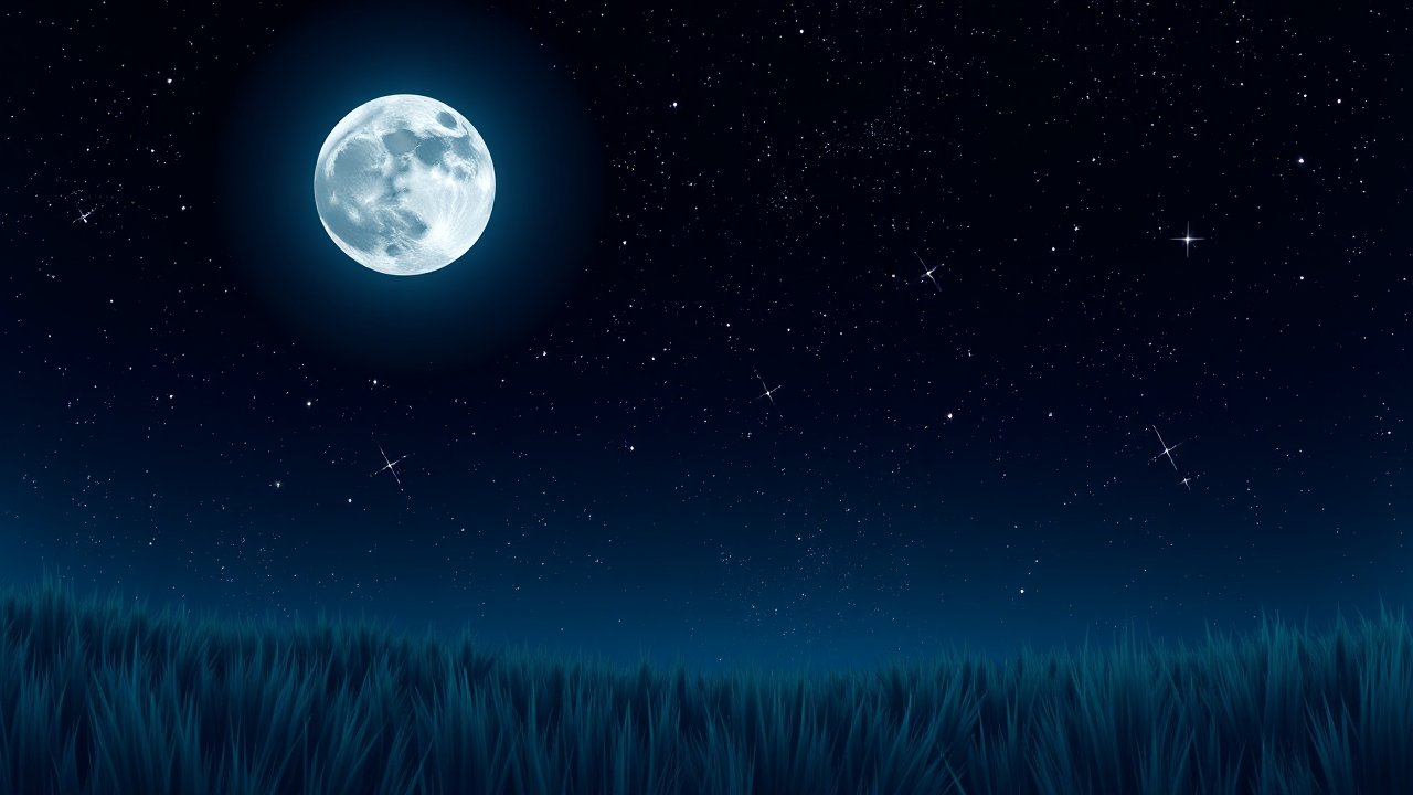 Serene Moonlit Night Over Grass Field