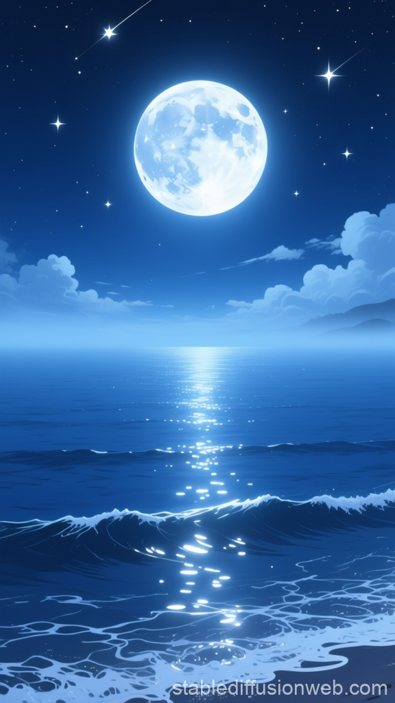 Serene Moonrise Over Calm Ocean at Night