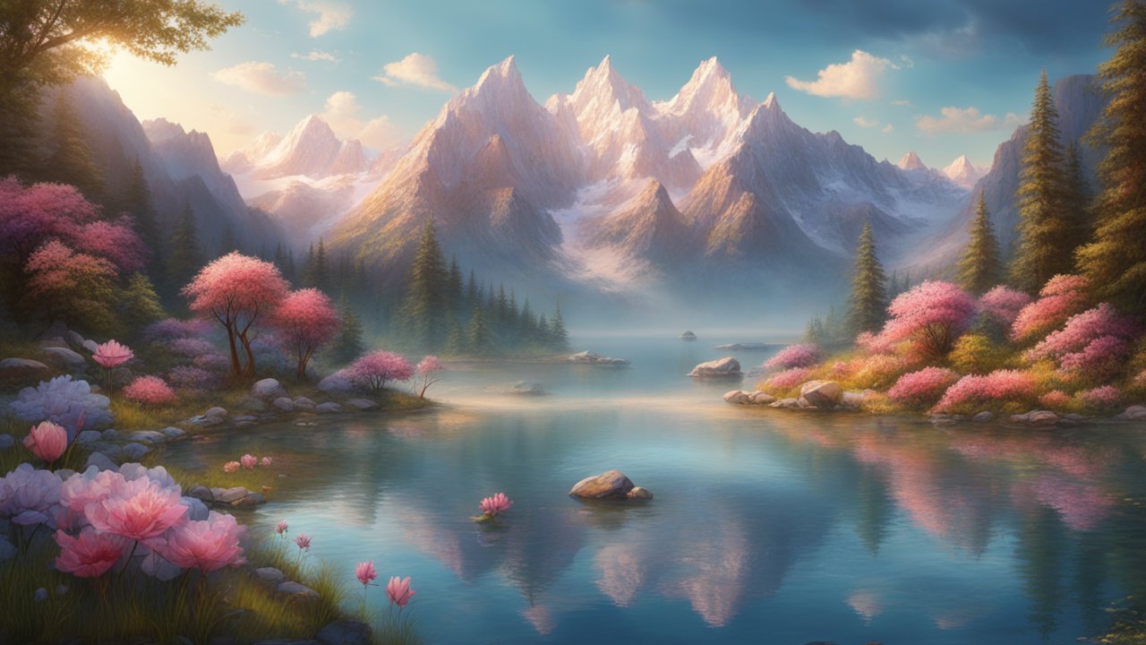 Serene Mountain Lake with Blossoming Trees