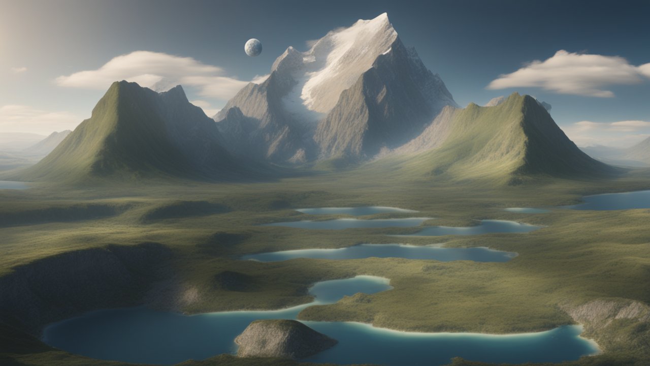 Serene Mountain Landscape with Lakes and Distant Moon