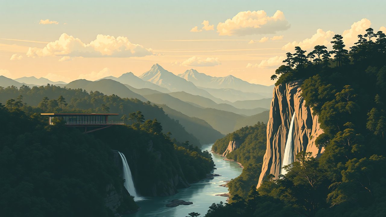 Serene Mountain Landscape with Waterfalls and Modern House