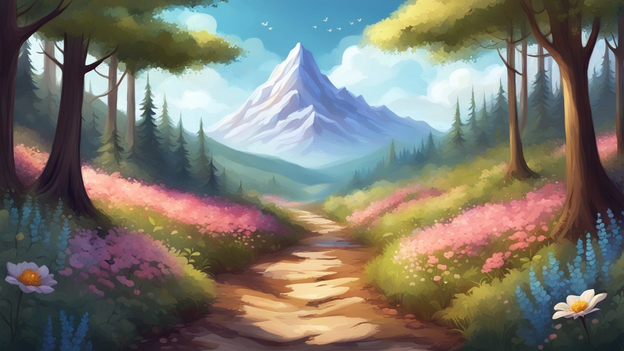 Serene Mountain Path Through Blooming Forest