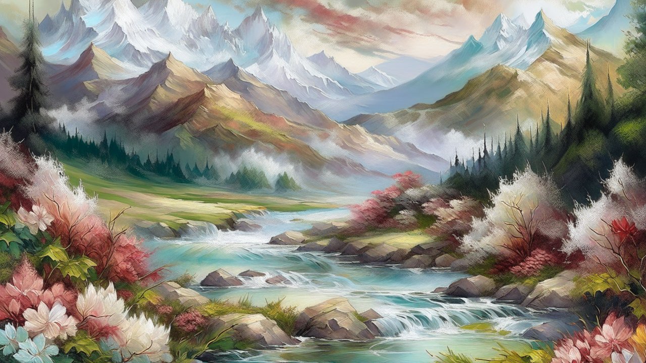 Serene Mountain River Landscape Painting