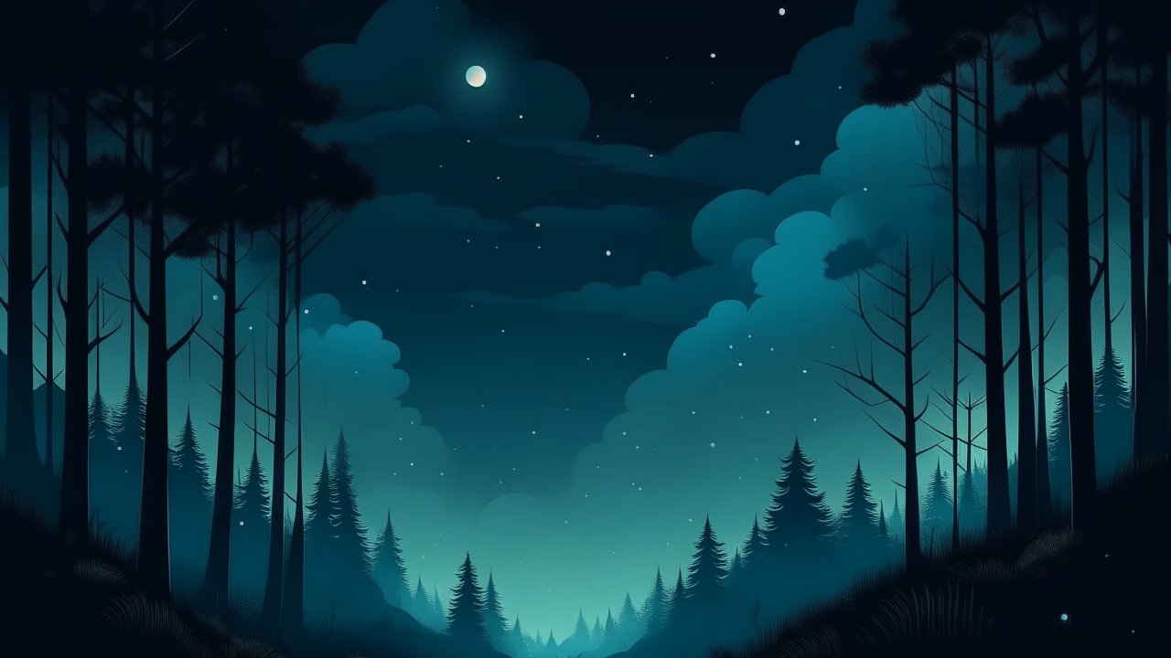 Serene Night Forest Landscape with Moon and Stars