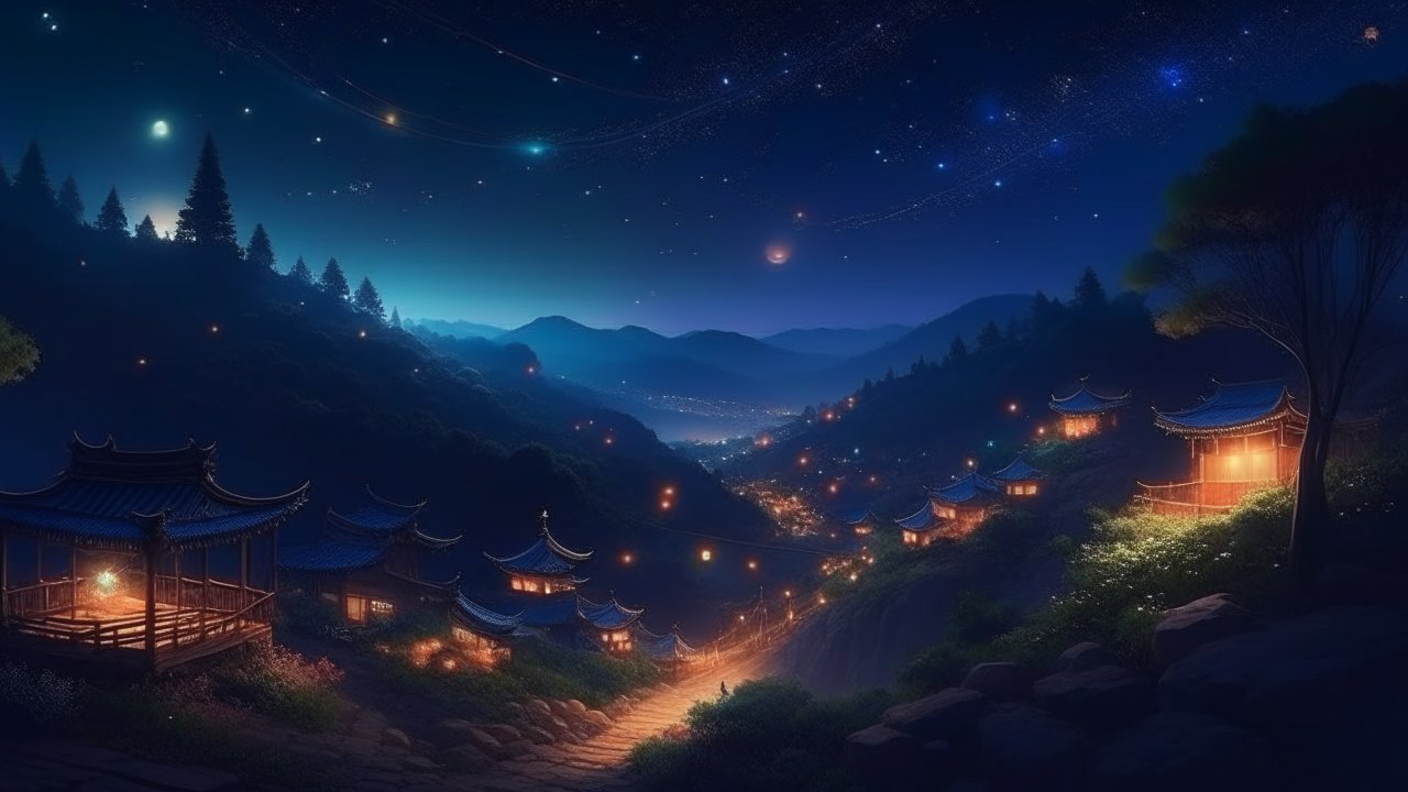 Serene Night in a Mountain Village with Lanterns