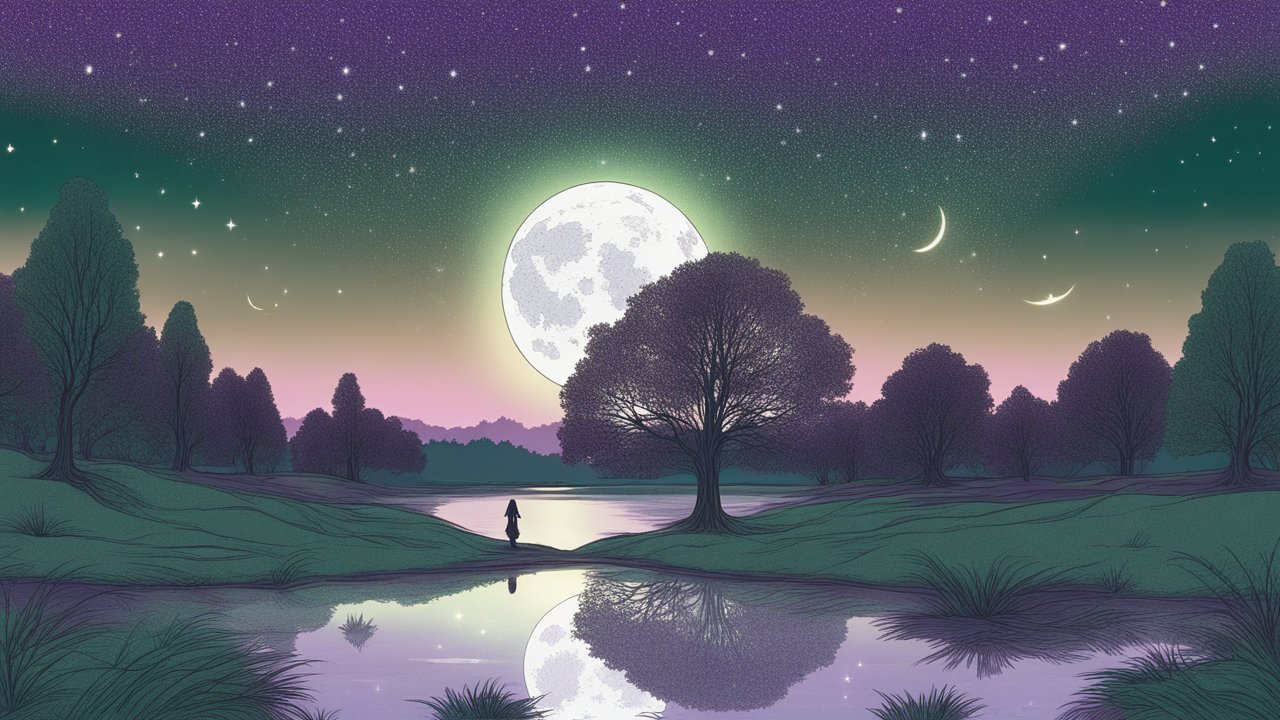 Serene Night Landscape with Full Moon and Reflection