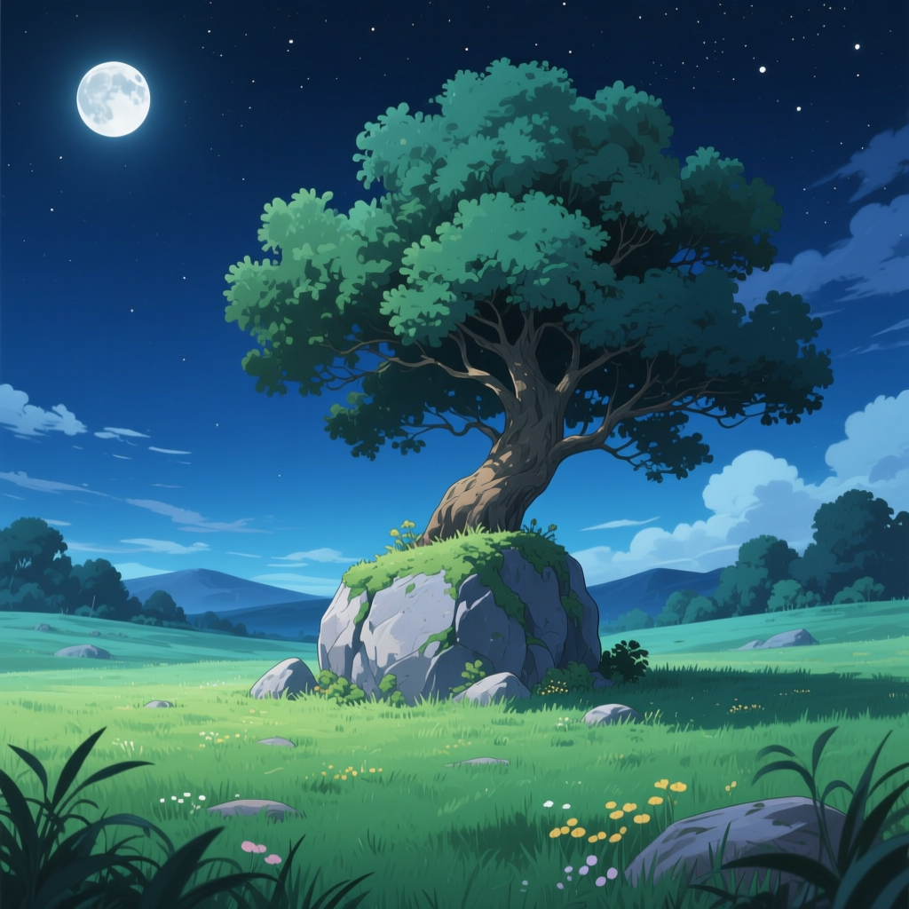 Serene Night Landscape with Lone Tree on Rock
