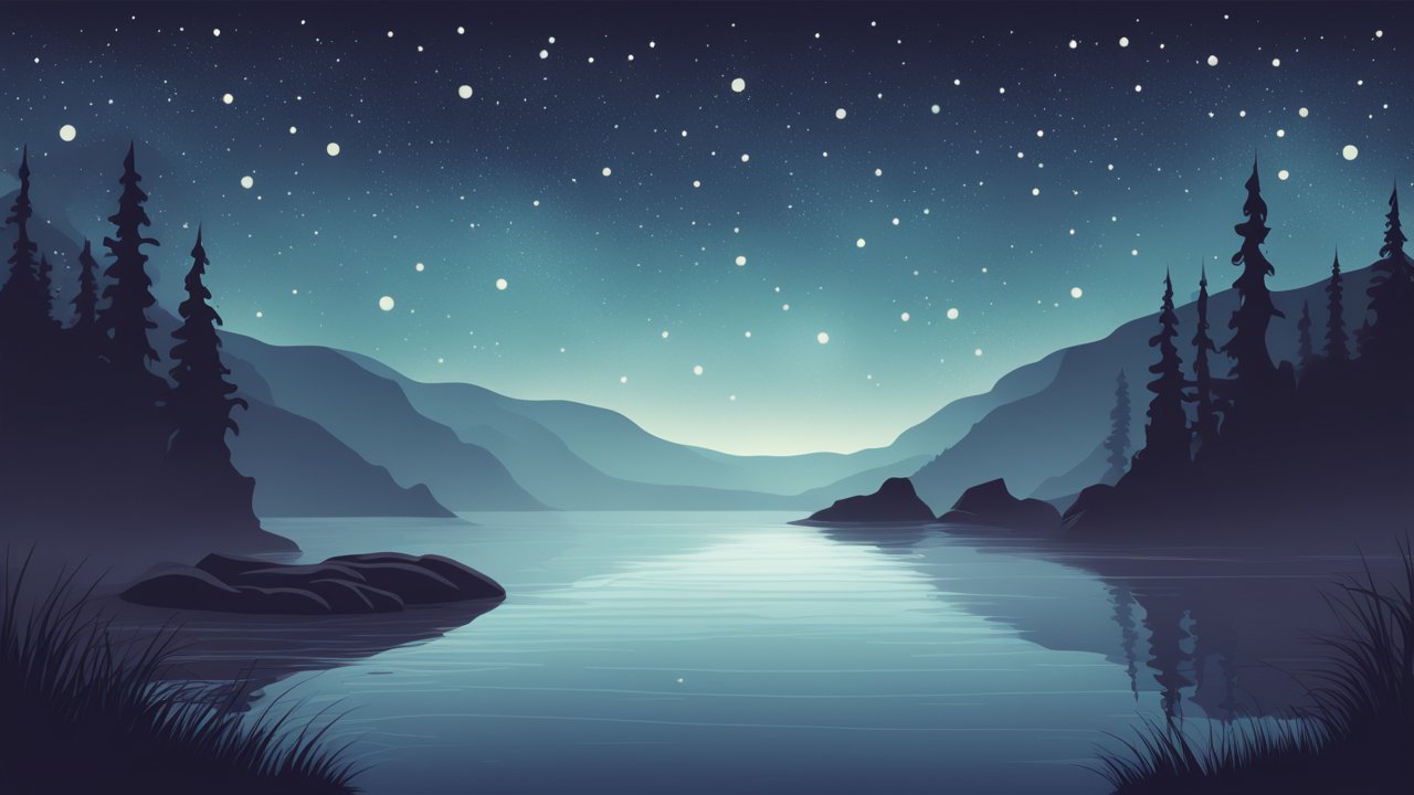 Serene Night Landscape with Starry Sky and Calm Lake