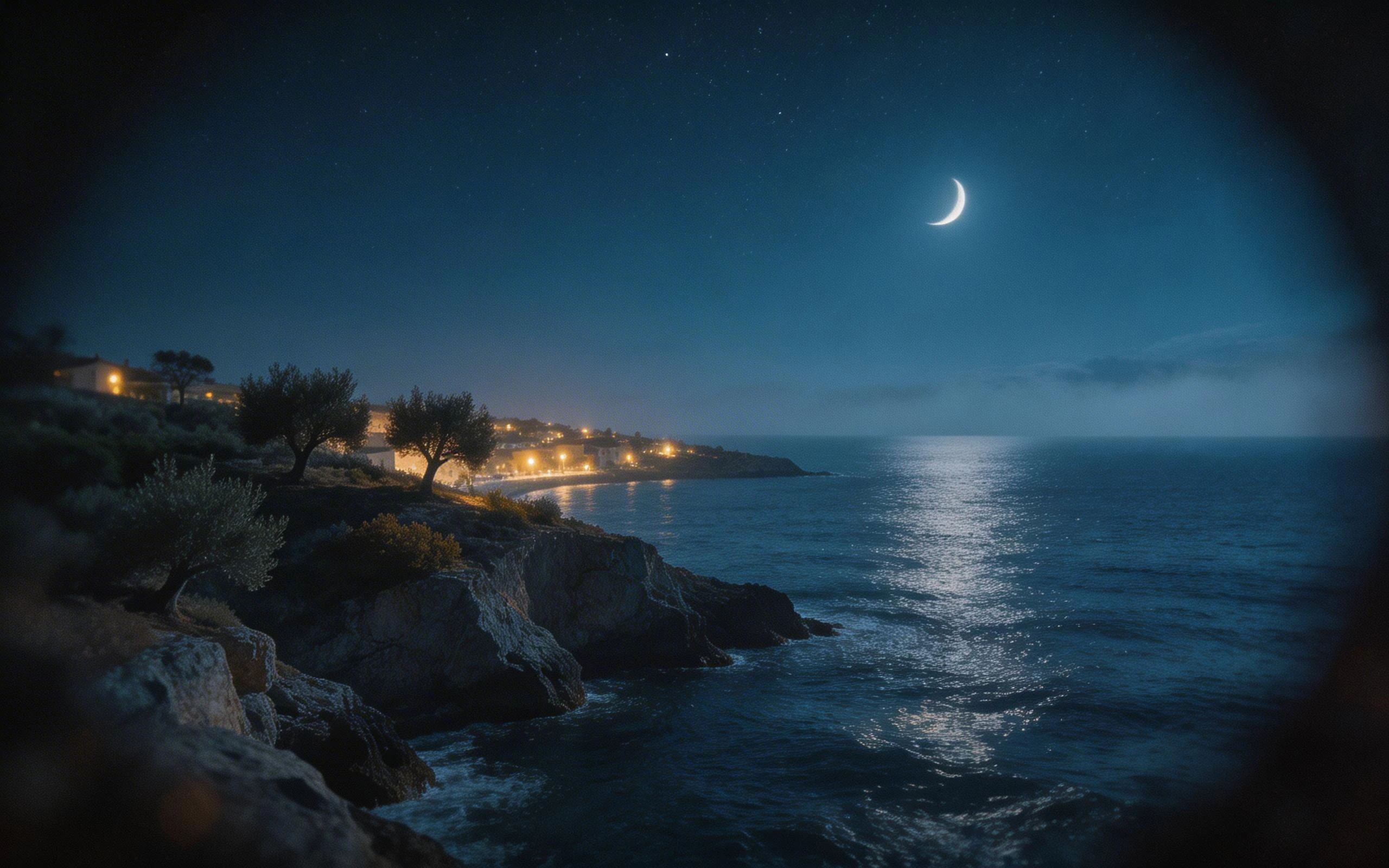 Serene Peninsula at Night with Crescent Moon