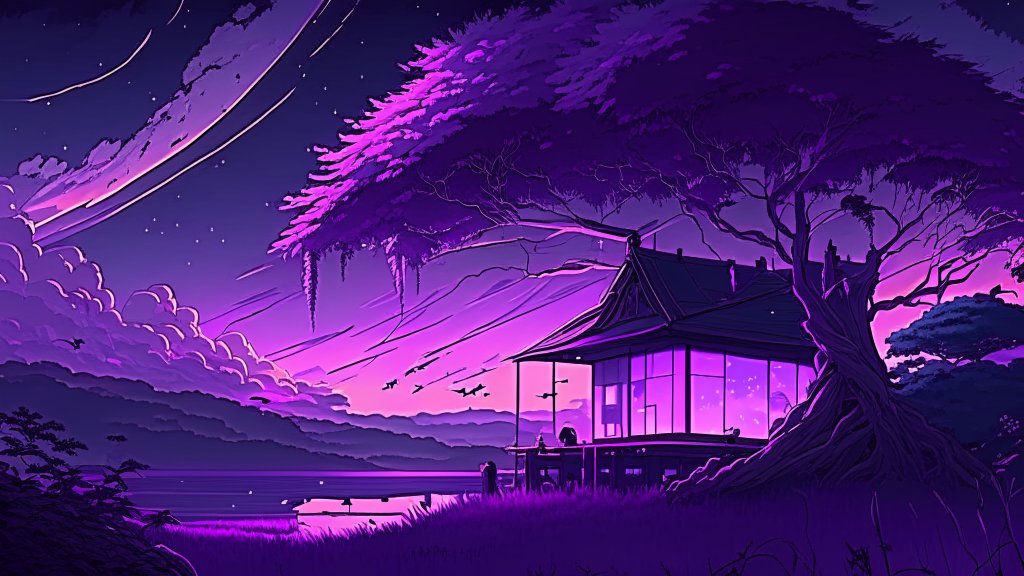 Serene Purple Twilight at Lakeside Japanese House