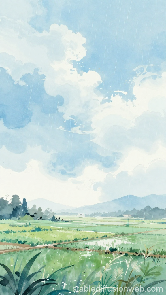 Serene Rainy Landscape in Watercolor Style