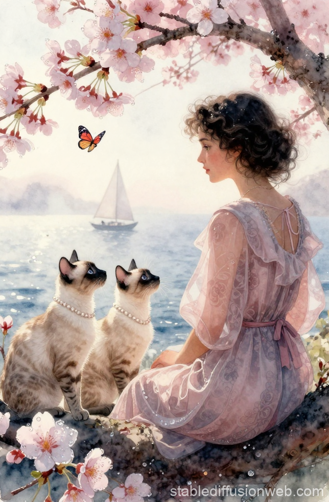 Serene Sakura Moment with Lady and Cats by the Sea