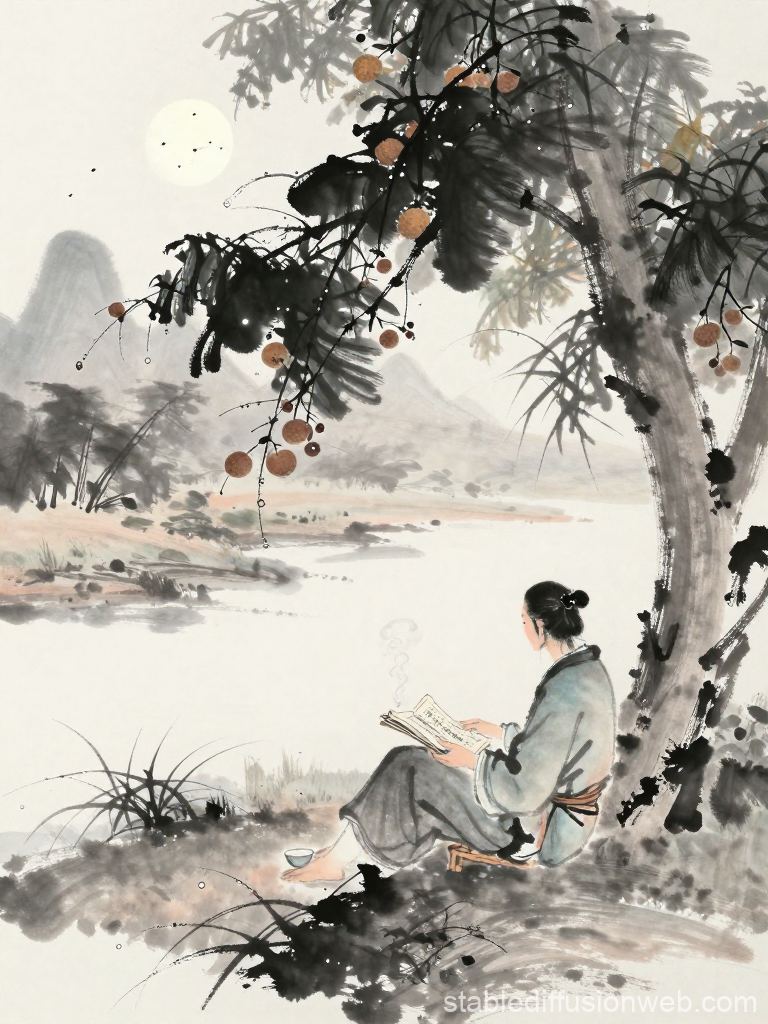 Serene Scholar Reading by the Riverside in Traditional Ink Style