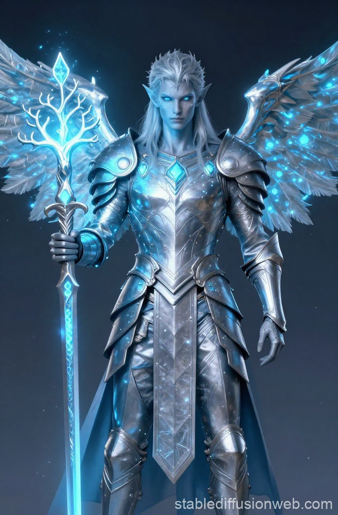Serene Spectral Warrior with Glowing Wings and Staff