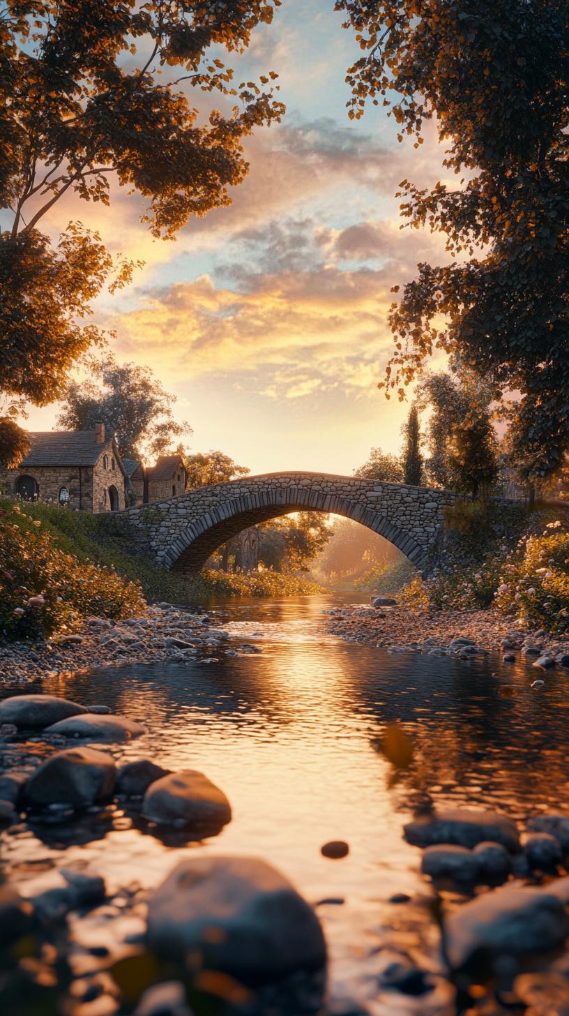 Serene Stone Bridge Over Tranquil Stream at Sunset