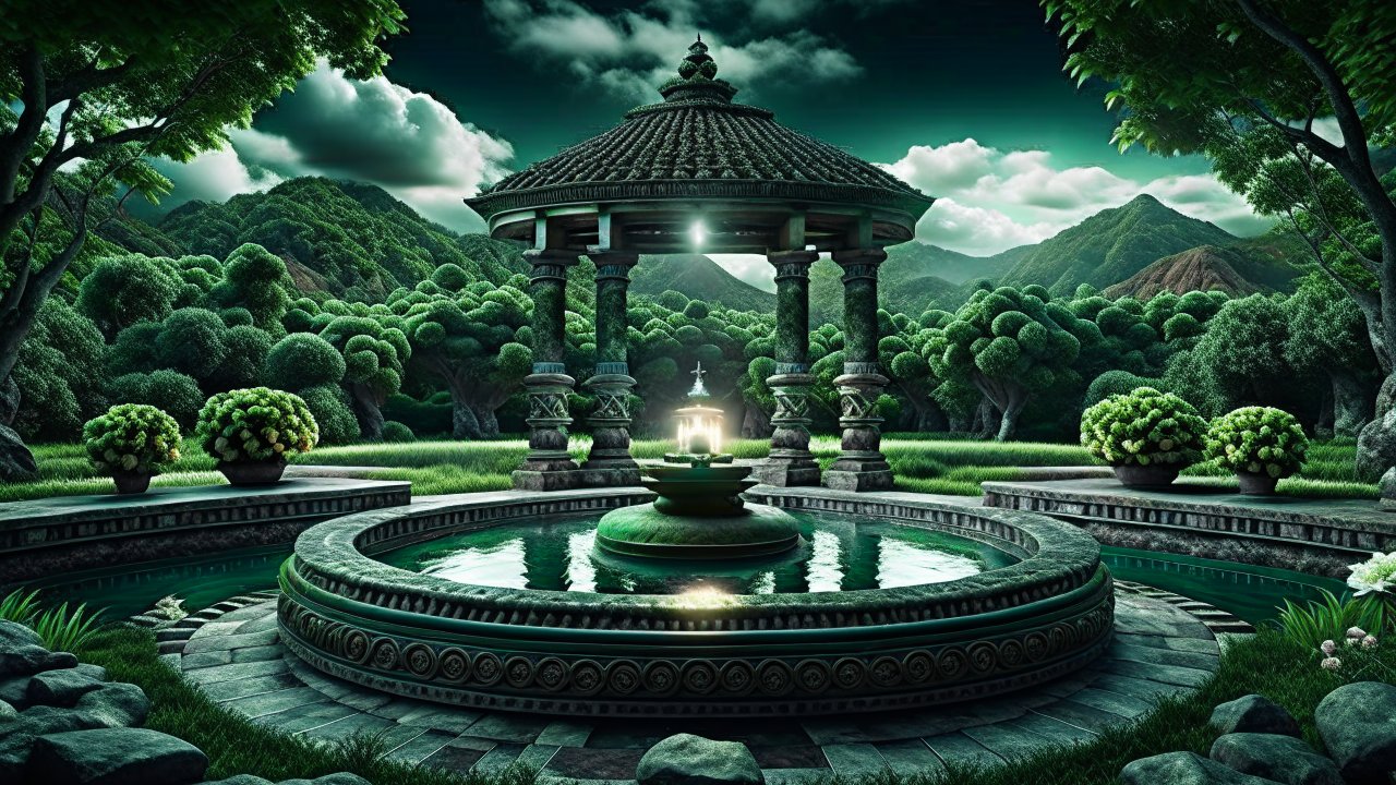 Serene Stone Gazebo with Reflecting Pool in Lush Garden