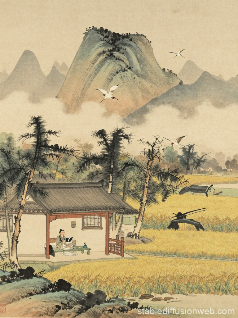 Serene Summer Ink Painting of a Scholar in a Countryside Pavilion