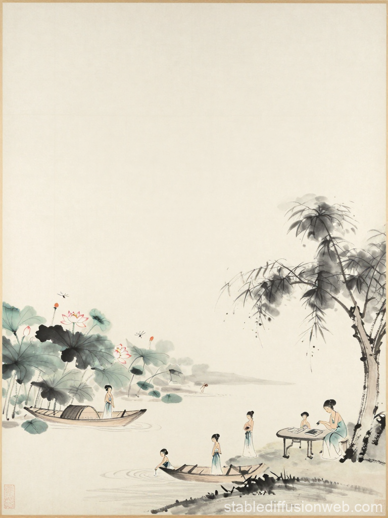 Serene Summer Scene with Lotus and Figures by the Water