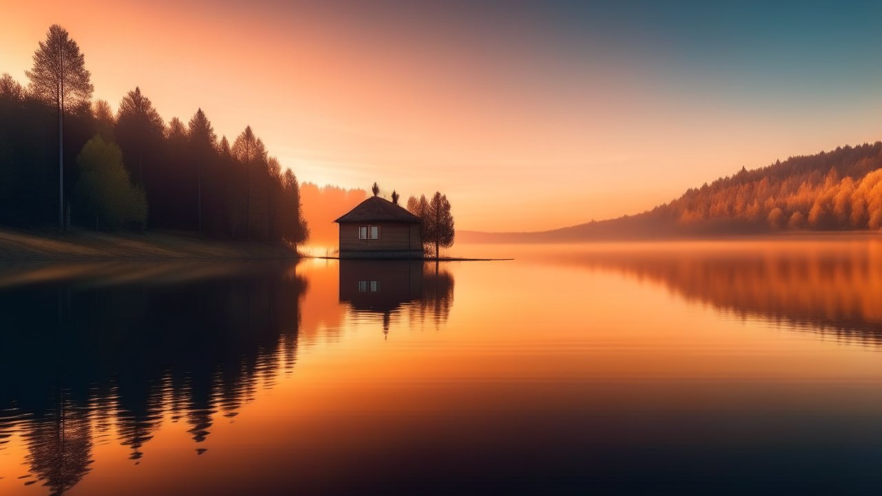 Serene Sunrise Over Tranquil Lake with Cabin Reflection