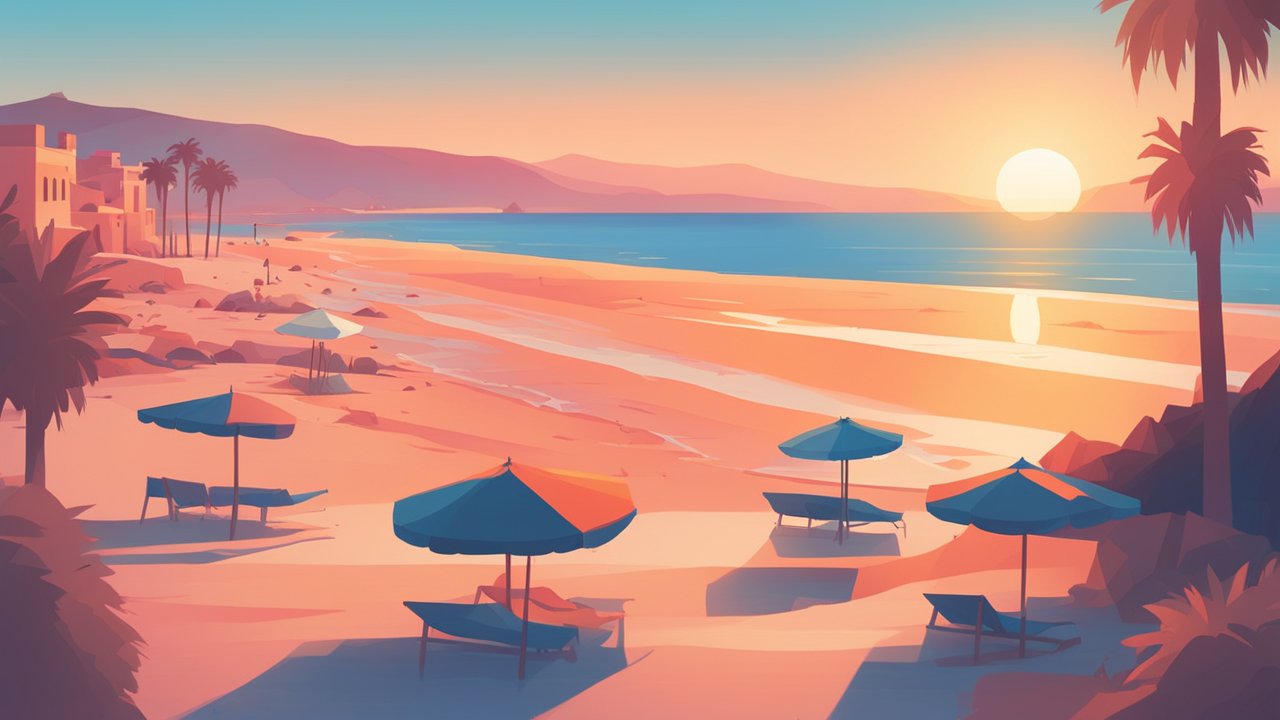 Serene Sunset Beach with Umbrellas and Palm Trees