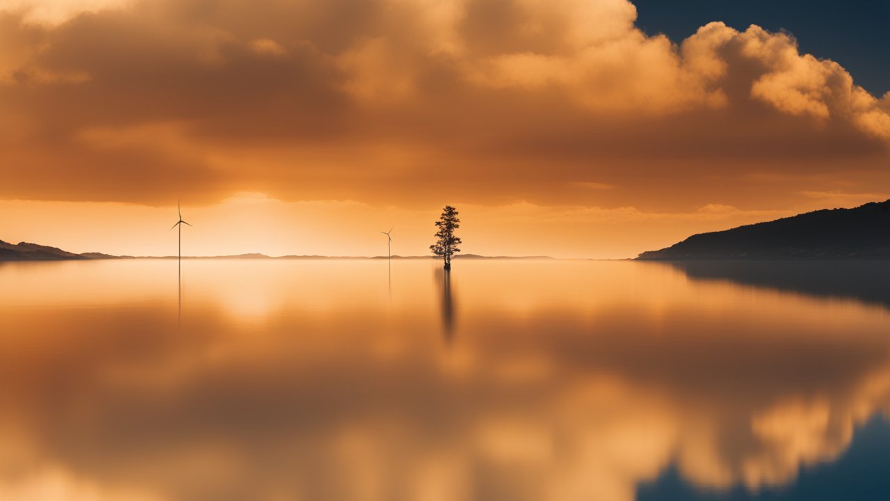 Serene Sunset Over Calm Waters with Lone Tree and Wind Turbines