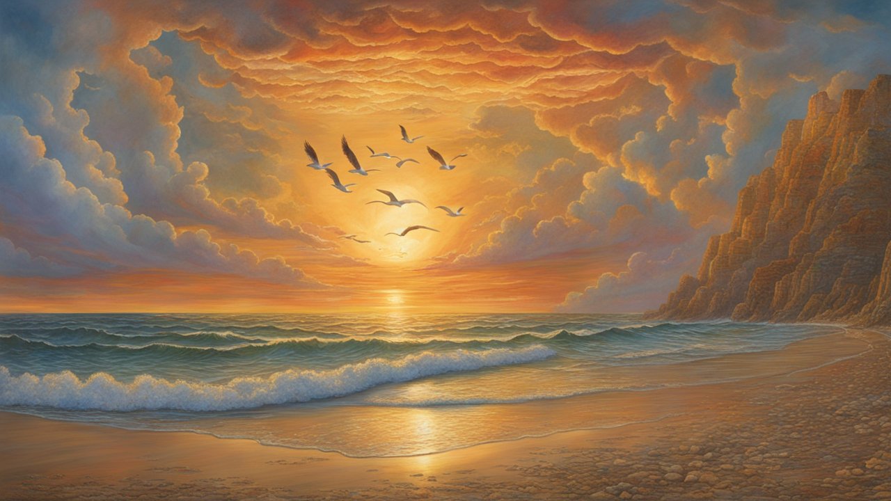 Serene Sunset Over Ocean Waves and Rocky Cliff