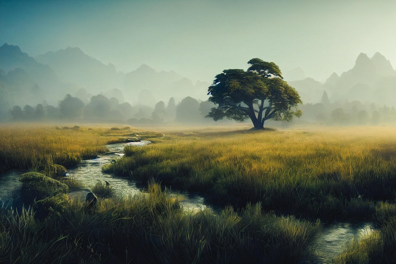 Serene Tree by a Meandering River at Evening