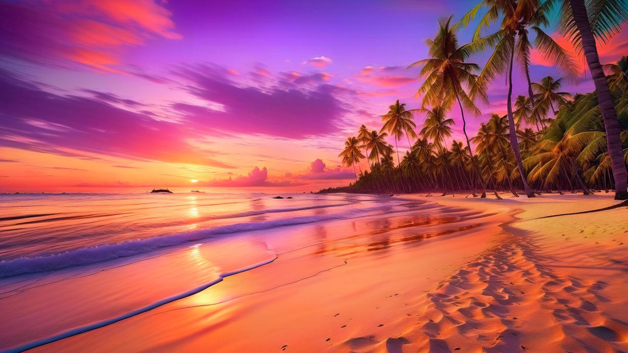Serene Tropical Beach Sunset with Palm Trees