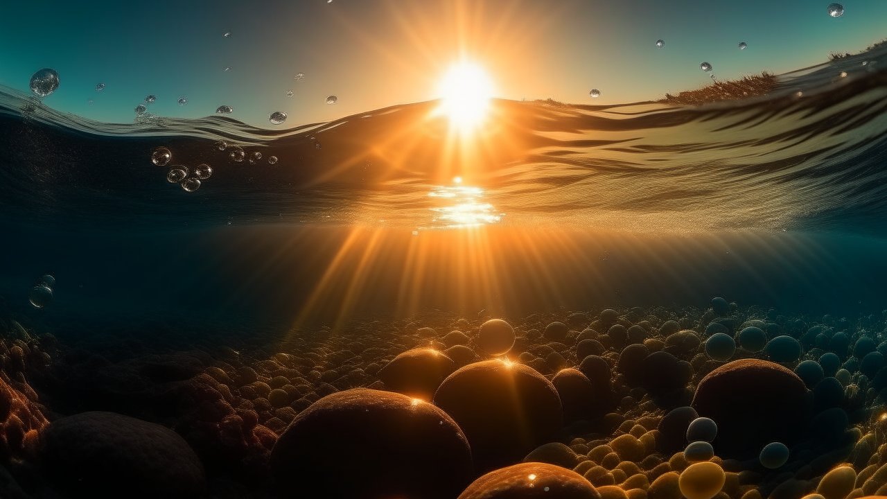 Serene Underwater Sunrise with Light Rays and Bubbles