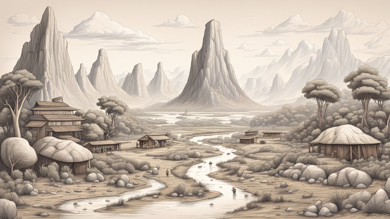 Serene Village by a Winding River with Towering Mountains