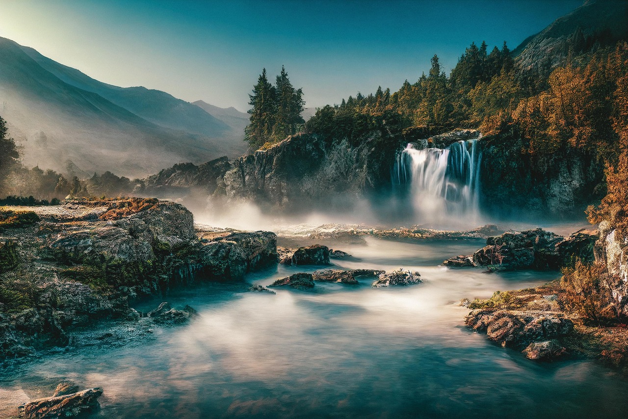 Serene Waterfall and River in a Rocky Forest Landscape