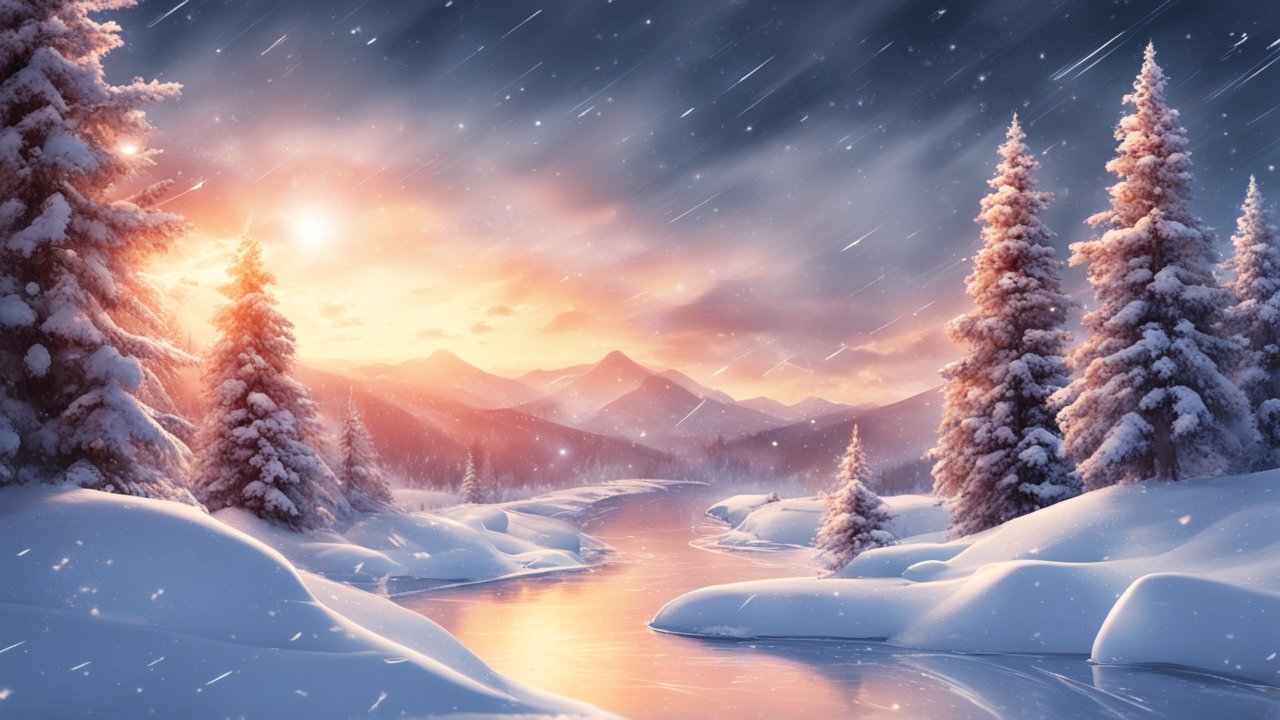 Serene Winter Landscape at Sunset with Snow-Covered Pines