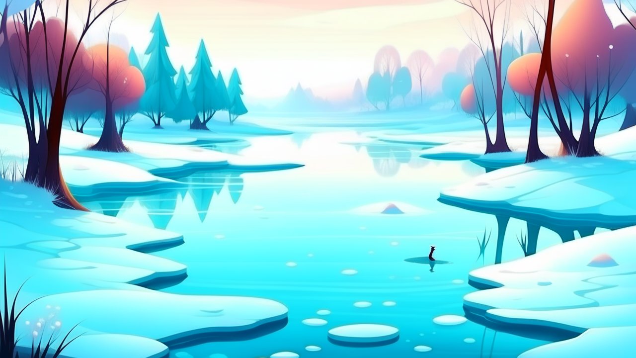 Serene Winter Landscape with Frozen Lake and Colorful Trees