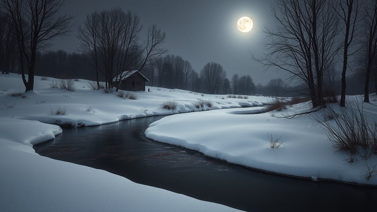 Serene Winter Night by a Snow-Covered River