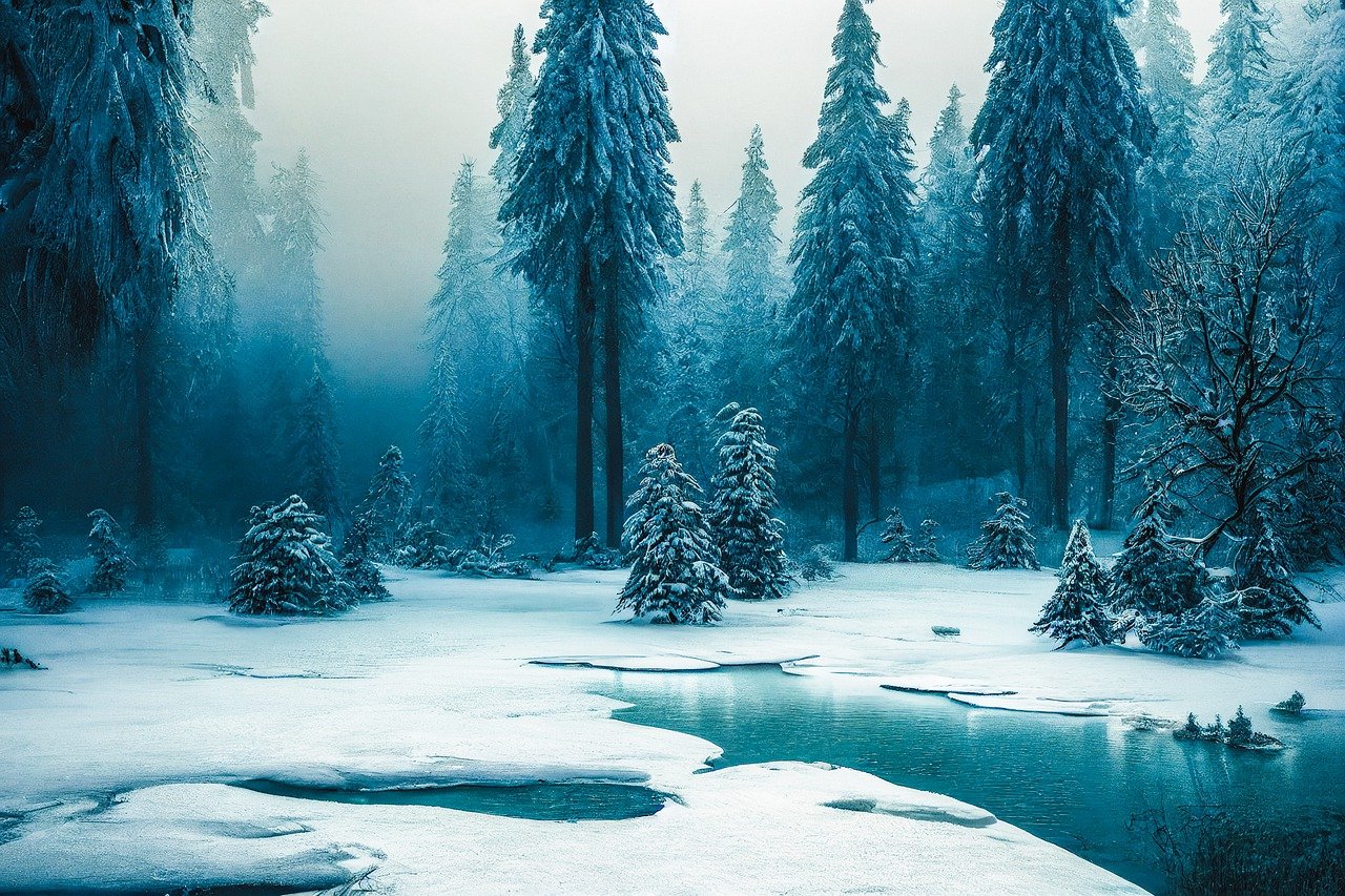 Serene Winter River in Snow-Covered Forest