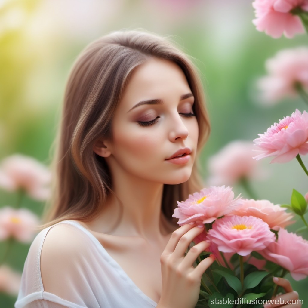 Serene Woman Enjoying Pink Flowers in Soft Natural Light