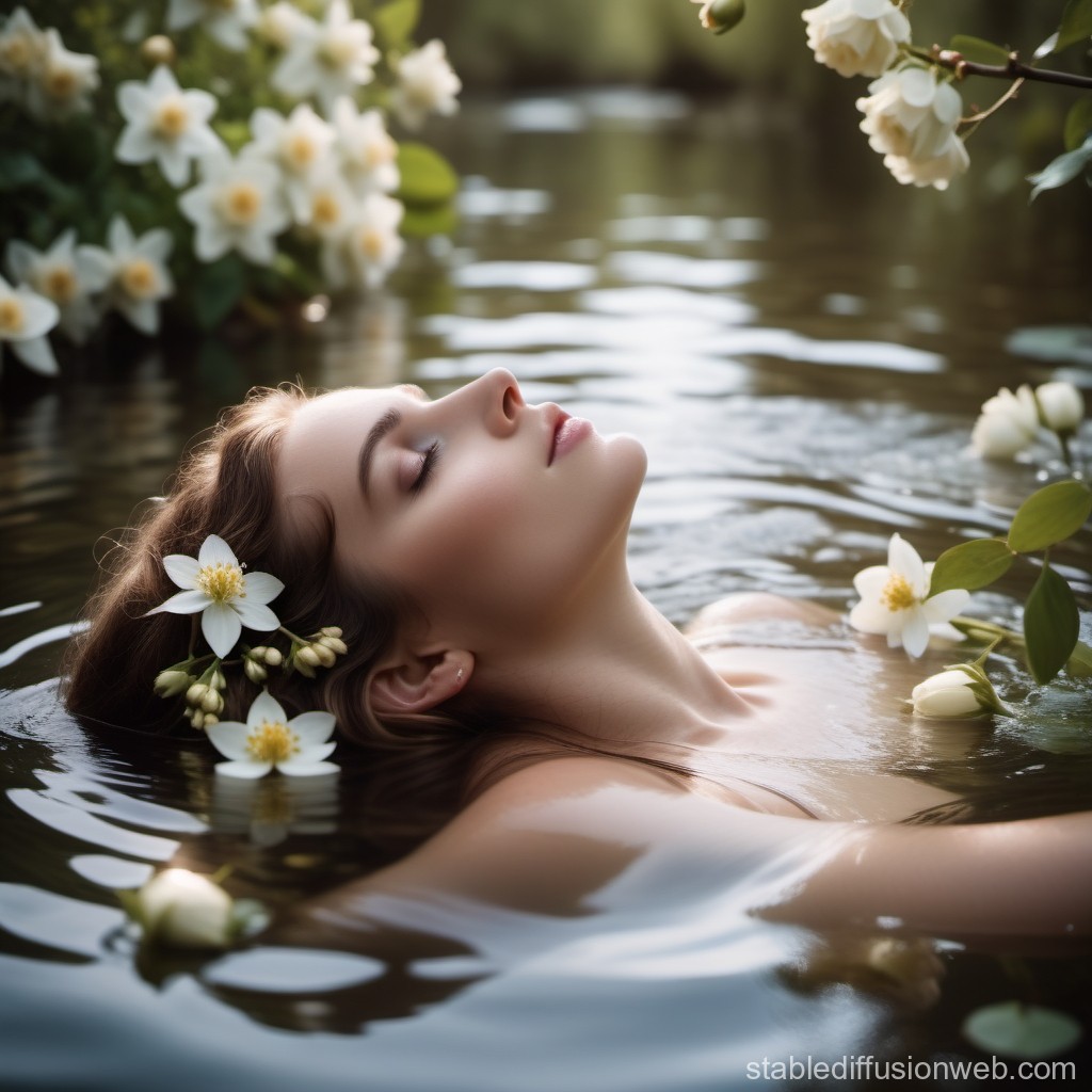 Serene Woman Floating in Water with White Flowers