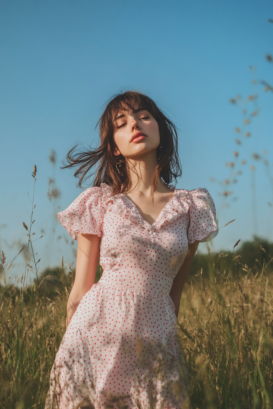 Serene Woman in Polka Dot Dress in a Sunny Field