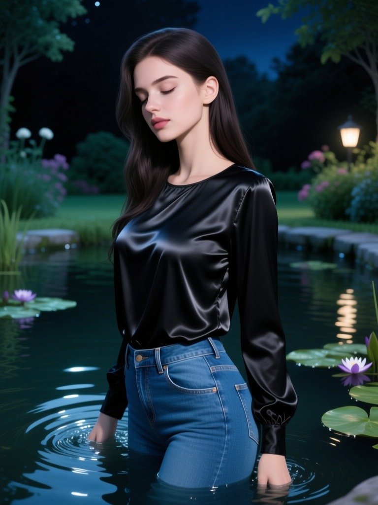 Serene Woman Standing in Garden Pond at Night