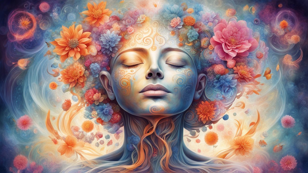 Serene Woman with Floral and Swirling Patterns